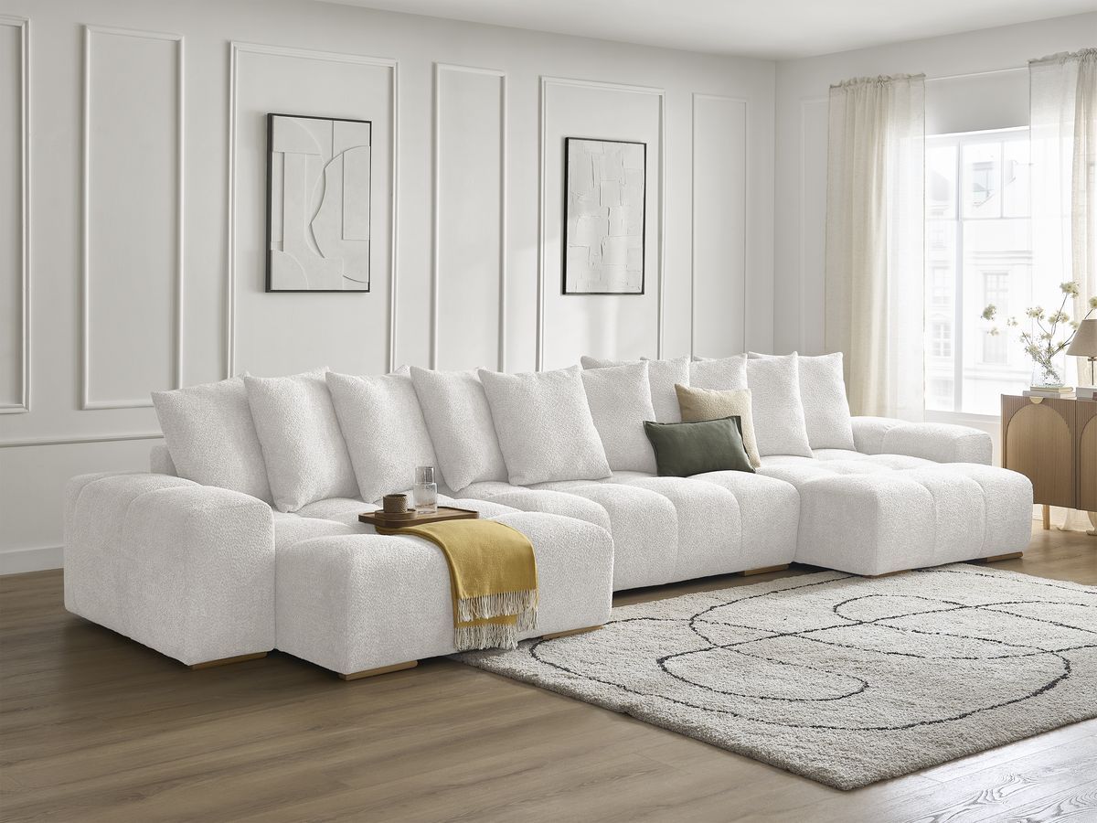Bobochic Anakin Wohnlandschaft, Liegefläche 137 × 382 cm, 10 Kissen Bouclé-Stoff Weiß