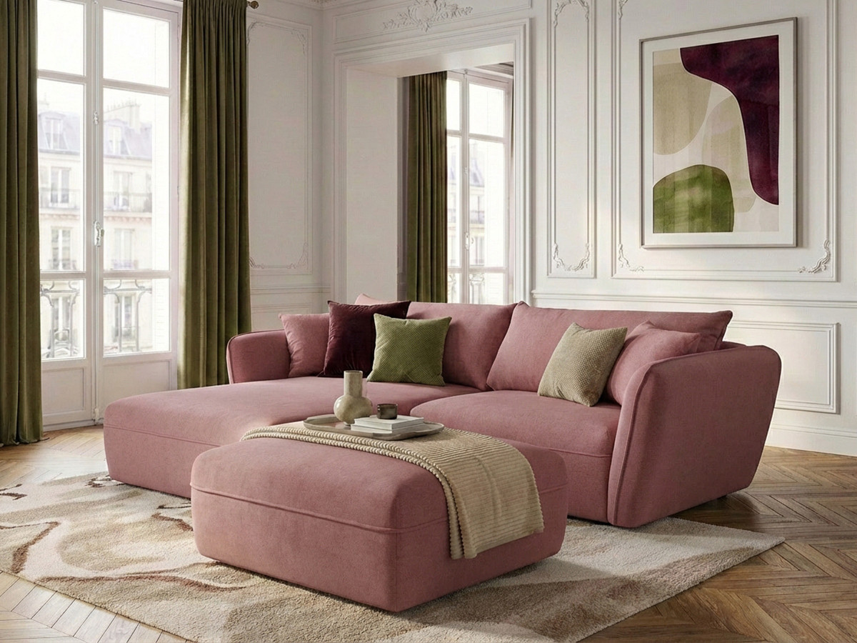Bobochic Luigi Ecksofa mit Pouf Strukturstoff Rosa Ecke links