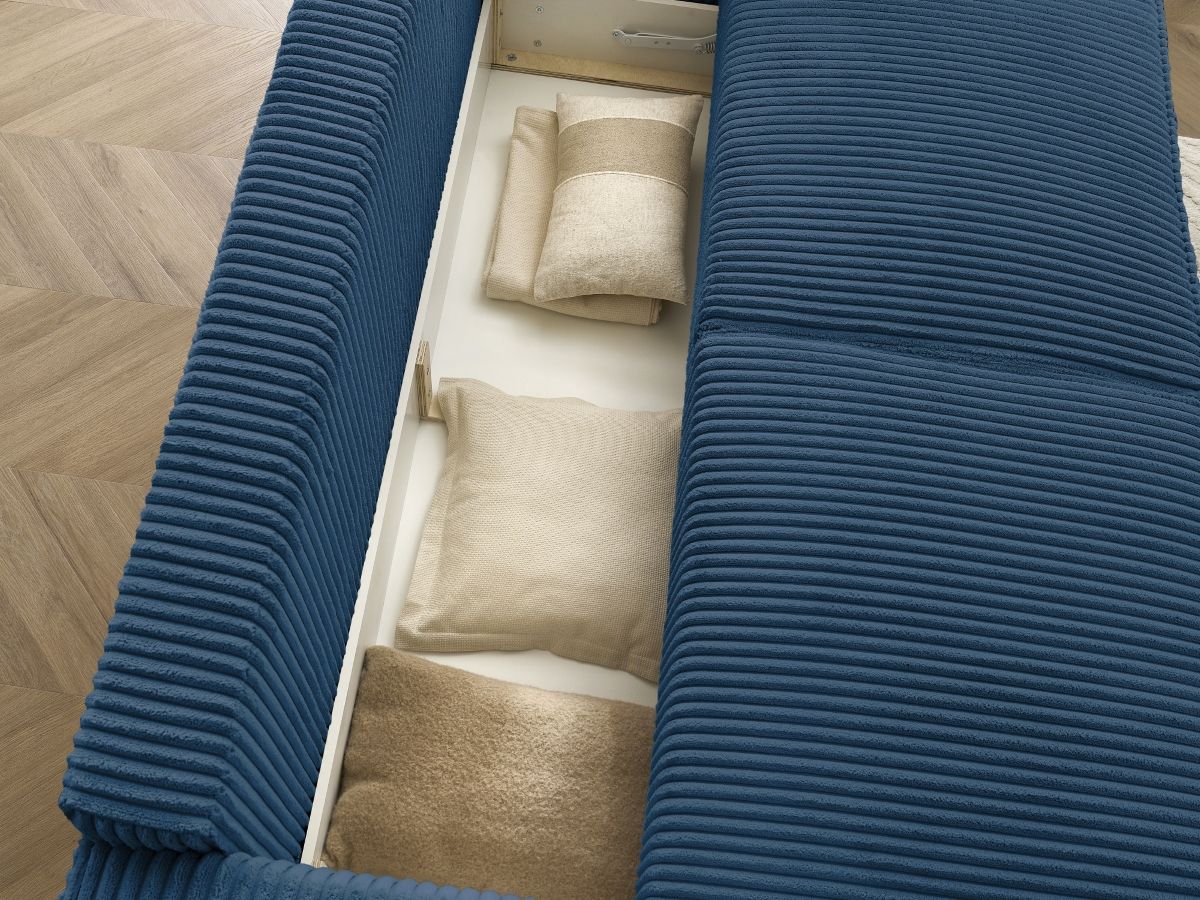 Bobochic Chelsea Schlafsofa 4-Sitzer mit Bettkasten und Pouf Breitcord weich Dunkelblau