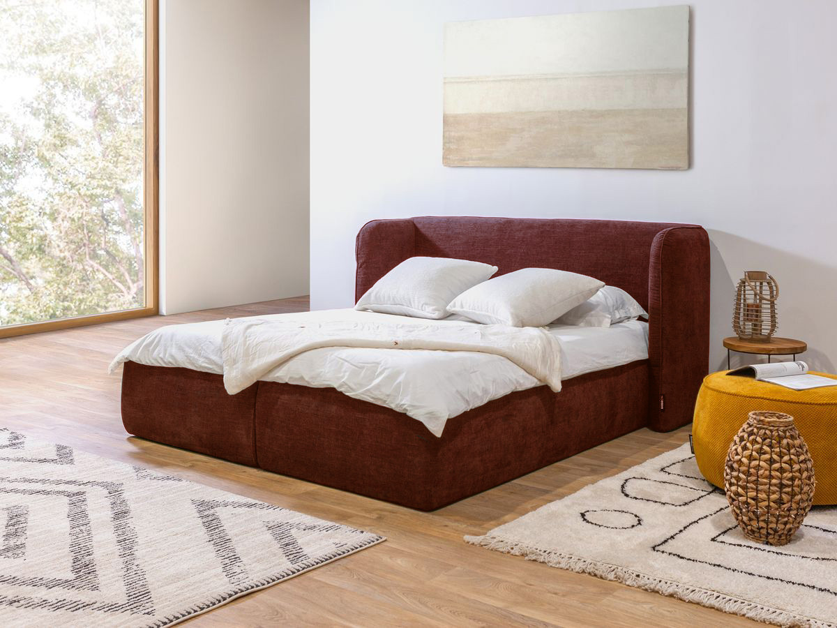 Bobochic Louise Polsterbett mit Bettkasten Stoff Rot, Liegefläche 140 × 190 cm