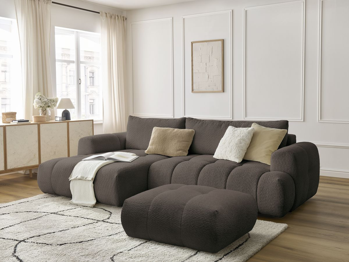 Bobochic Fuji Ecksofa mit Schlaffunktion und Bettkasten und Pouf 292 × 160 cm Bouclé-Stoff Braun Ecke links