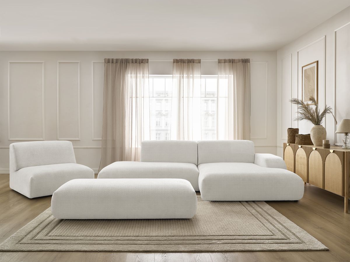 Bobochic Sirius Ecksofa mit Pouf 405 × 170 cm Strukturstoff Weiß Ecke rechts