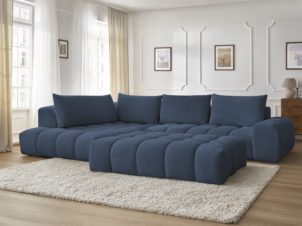 Bobochic Everest Ecksofa mit Schlaffunktion und Pouf, 4 Kissen Melange-Stoff Dunkelblau Ecke links