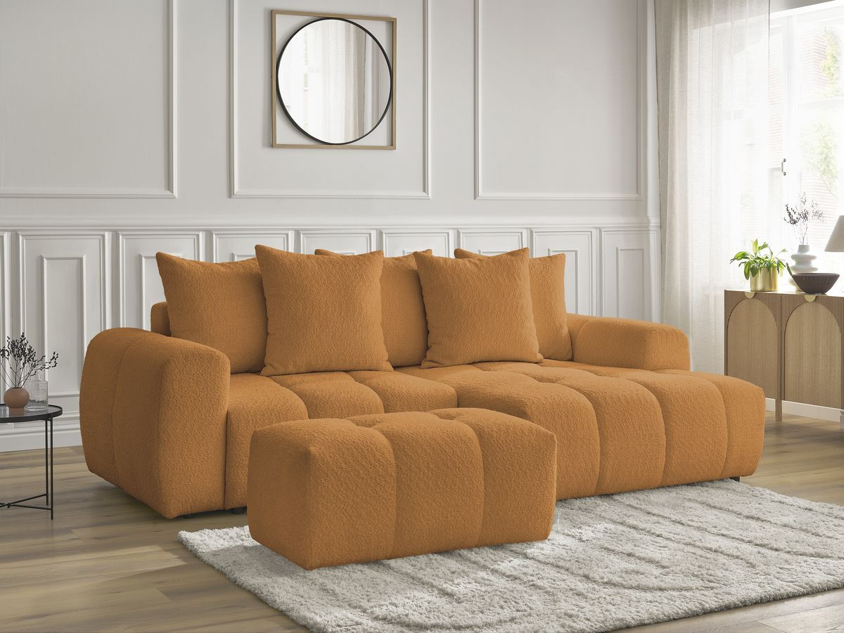 Bobochic Roxelane Ecksofa mit Schlaffunktion und Bettkasten und Pouf 258 × 150 cm Bouclé-Stoff Gelb Ecke rechts