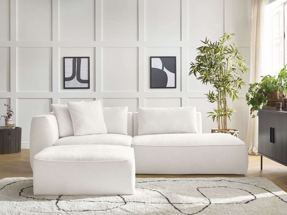 Bobochic Leopold Sofa 4-Sitzer mit Pouf Strukturstoff Weiß Armlehne links