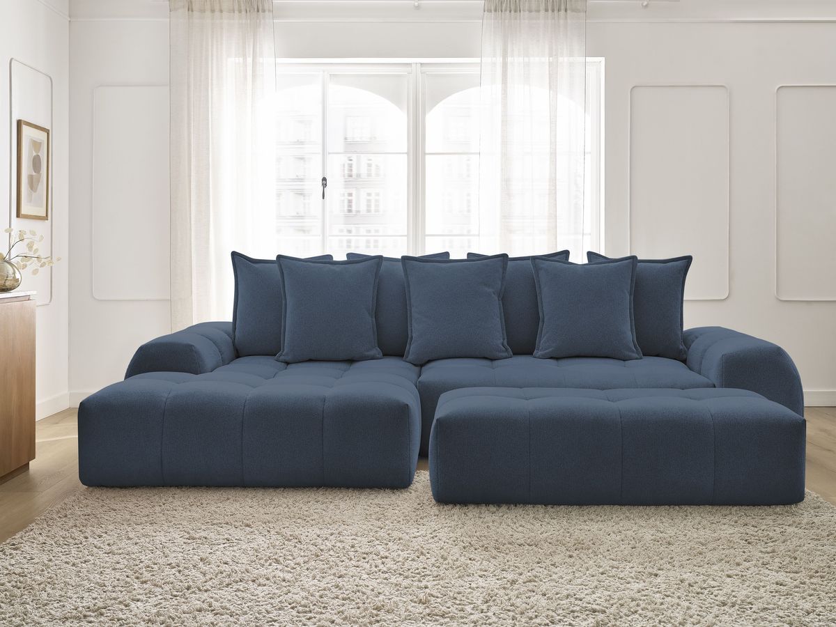 Bobochic Everest Ecksofa mit Schlaffunktion und Bettkasten und Pouf 318 × 180 cm, 7 Kissen Melange-Stoff Dunkelblau Ecke links