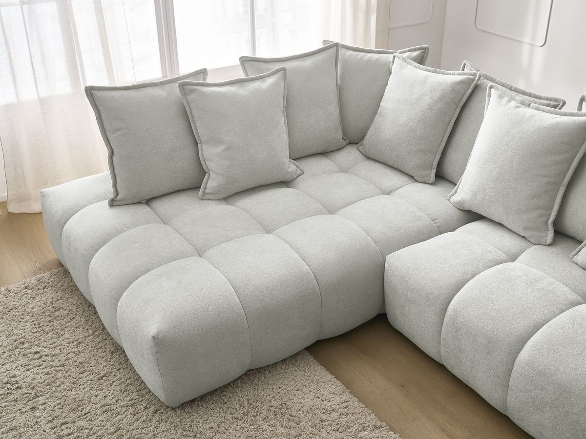Bobochic Everest Ecksofa mit Schlaffunktion und Bettkasten 320 × 212 cm, 10 Kissen Strukturstoff Hellgrau Ecke links