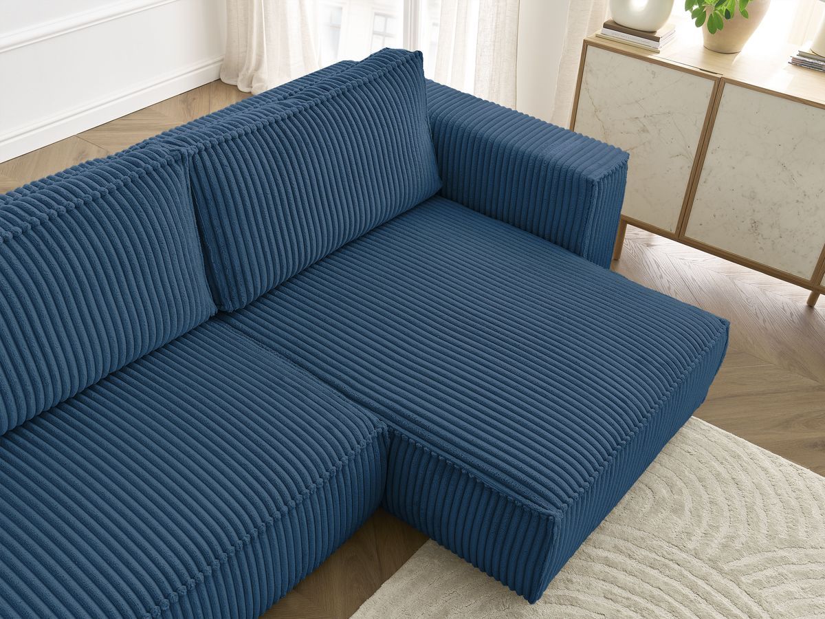 Bobochic Chelsea Ecksofa mit Schlaffunktion und Bettkasten Breitcord weich Dunkelblau