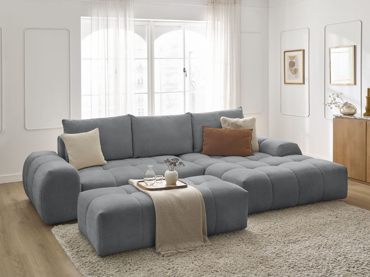 Bobochic Everest Ecksofa mit Schlaffunktion und Bettkasten und Pouf 318 × 180 cm, 3 Kissen Melange-Stoff Dunkelgrau Ecke rechts