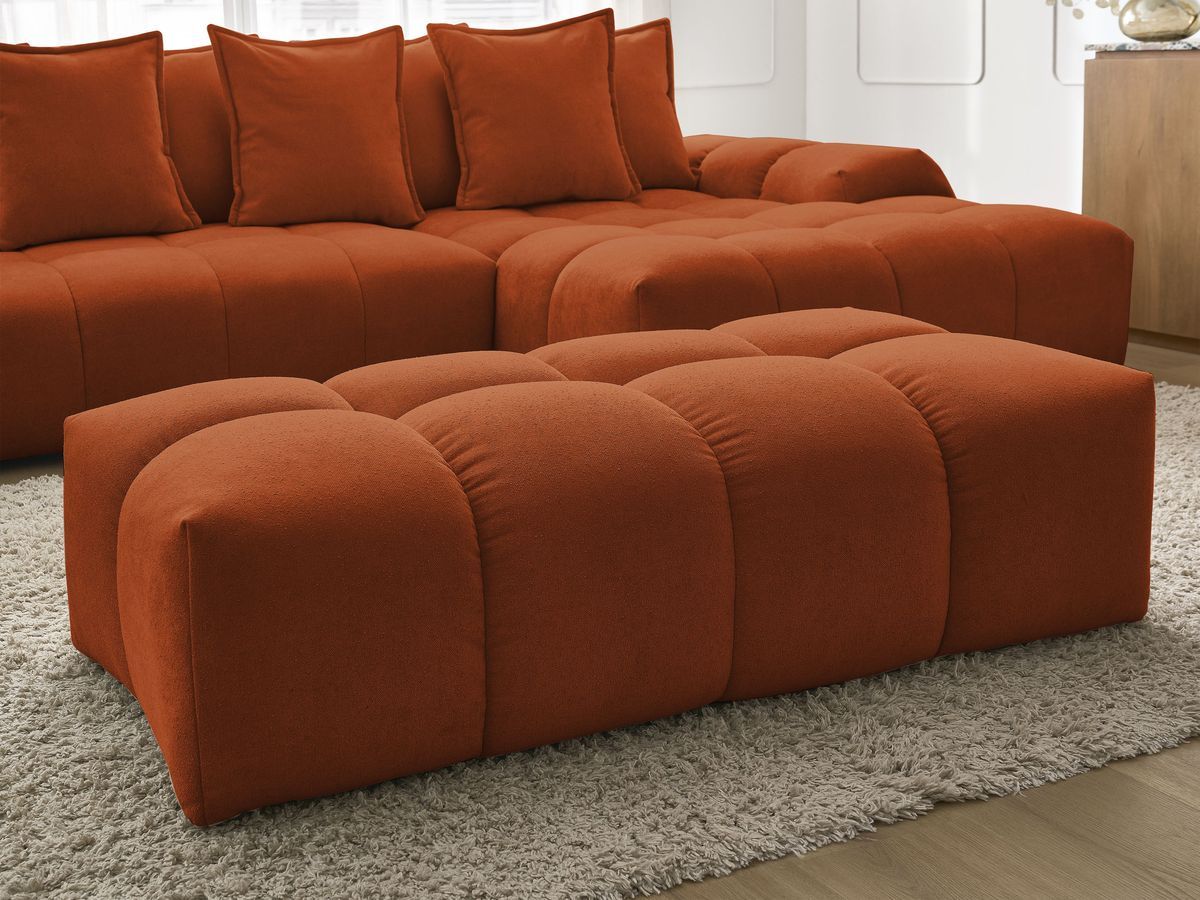 Bobochic Everest Ecksofa mit Schlaffunktion und Bettkasten und Pouf 318 × 180 cm, 7 Kissen Strukturstoff Orange Ecke rechts