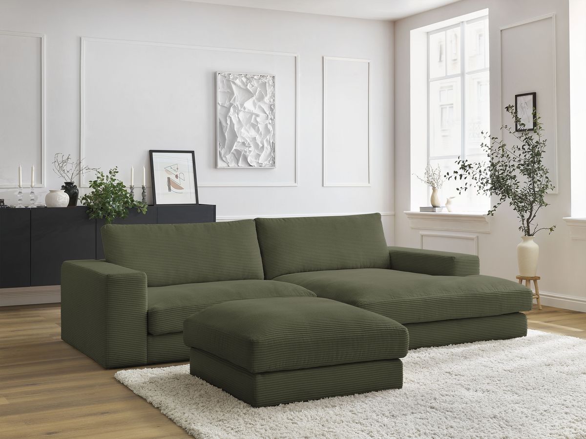 Bobochic Leonard Ecksofa mit Pouf 274 × 159 cm Cordsamt Hellgrün Ecke rechts