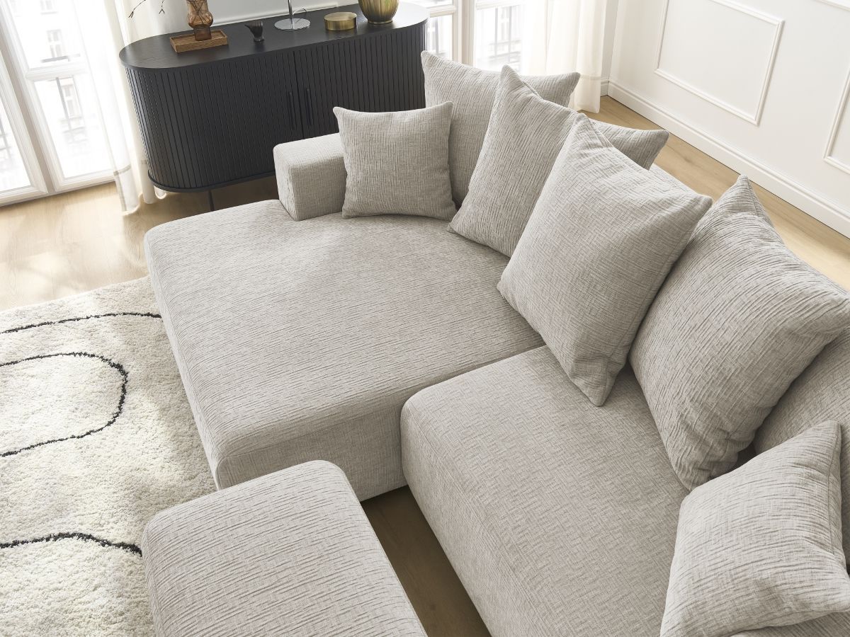 Bobochic Atilla Ecksofa mit Schlaffunktion und Bettkasten und Pouf Strukturstoff Beige Ecke links