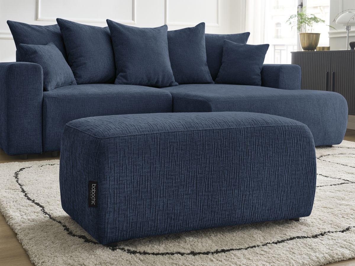 Bobochic Atilla Ecksofa mit Schlaffunktion und Bettkasten und Pouf Strukturstoff Dunkelblau Ecke rechts