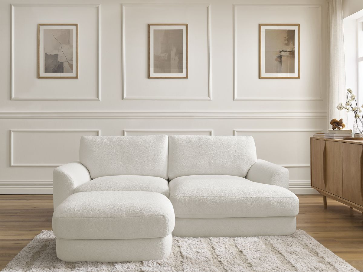 Bobochic Leonore Ecksofa mit Pouf Bouclé-Stoff Weiß Ecke rechts