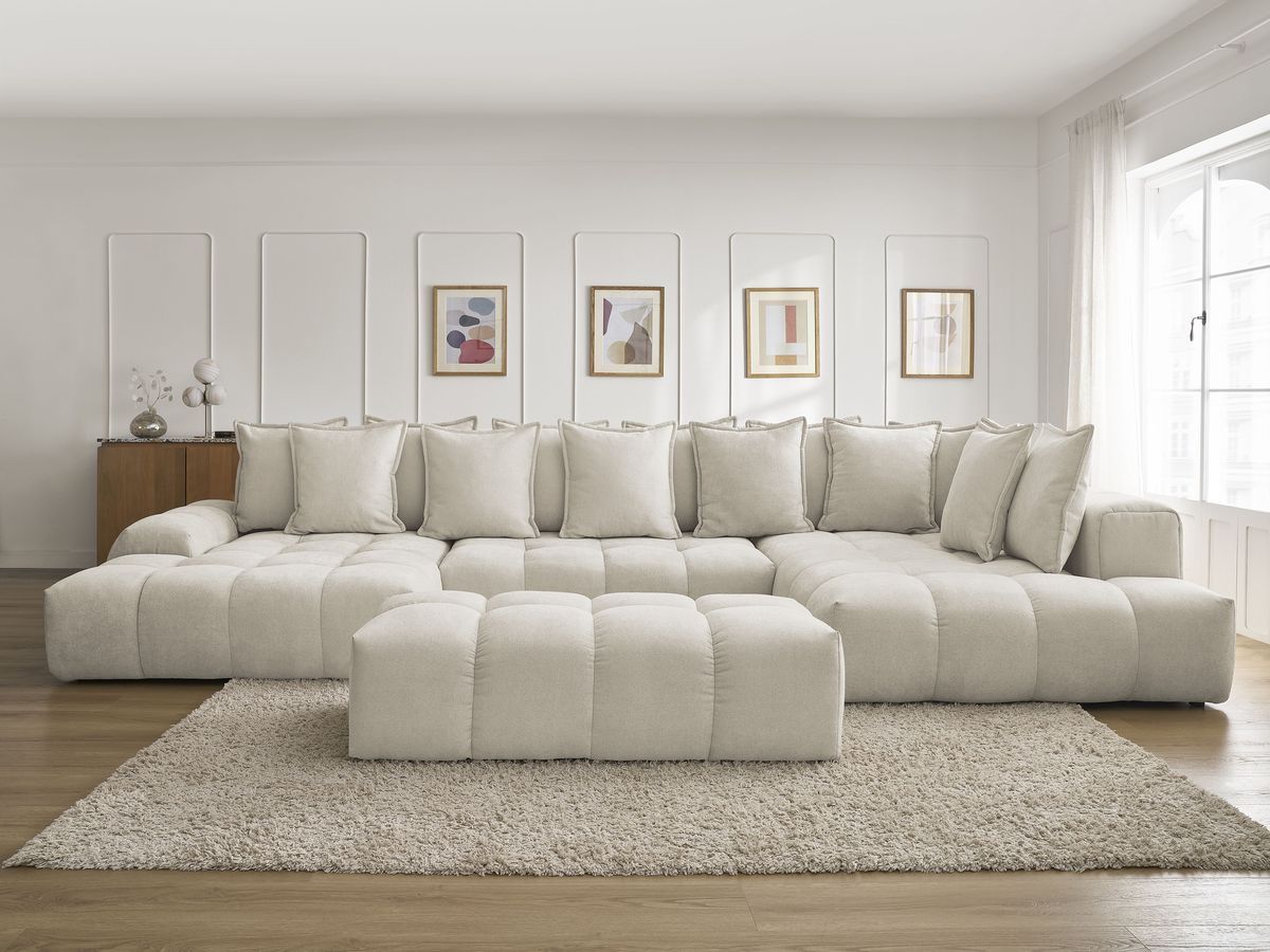 Bobochic Everest Wohnlandschaft mit Pouf, 14 Kissen Strukturstoff Beige Ecke links