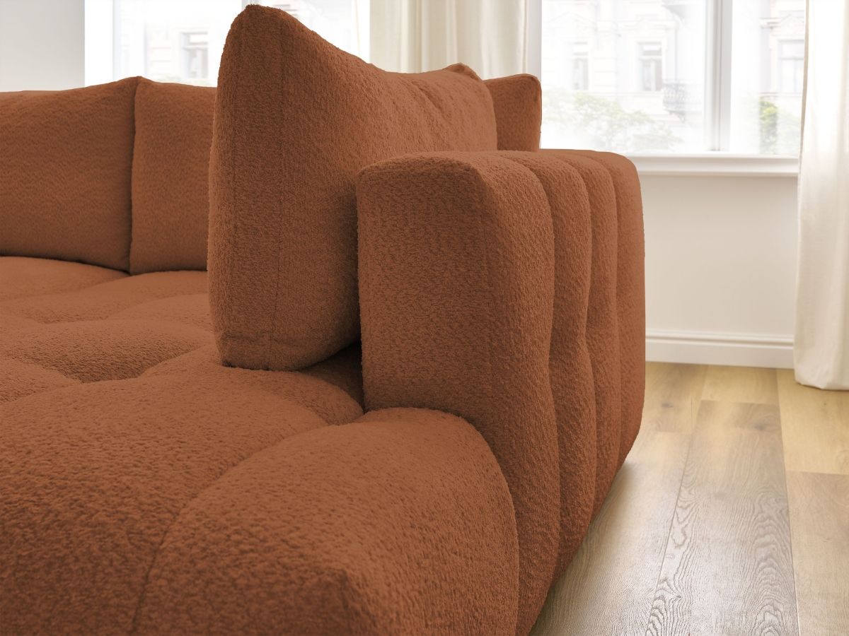 Bobochic Fuji Ecksofa mit Schlaffunktion und Bettkasten und Pouf 282 × 204 cm Bouclé-Stoff Orange Ecke rechts