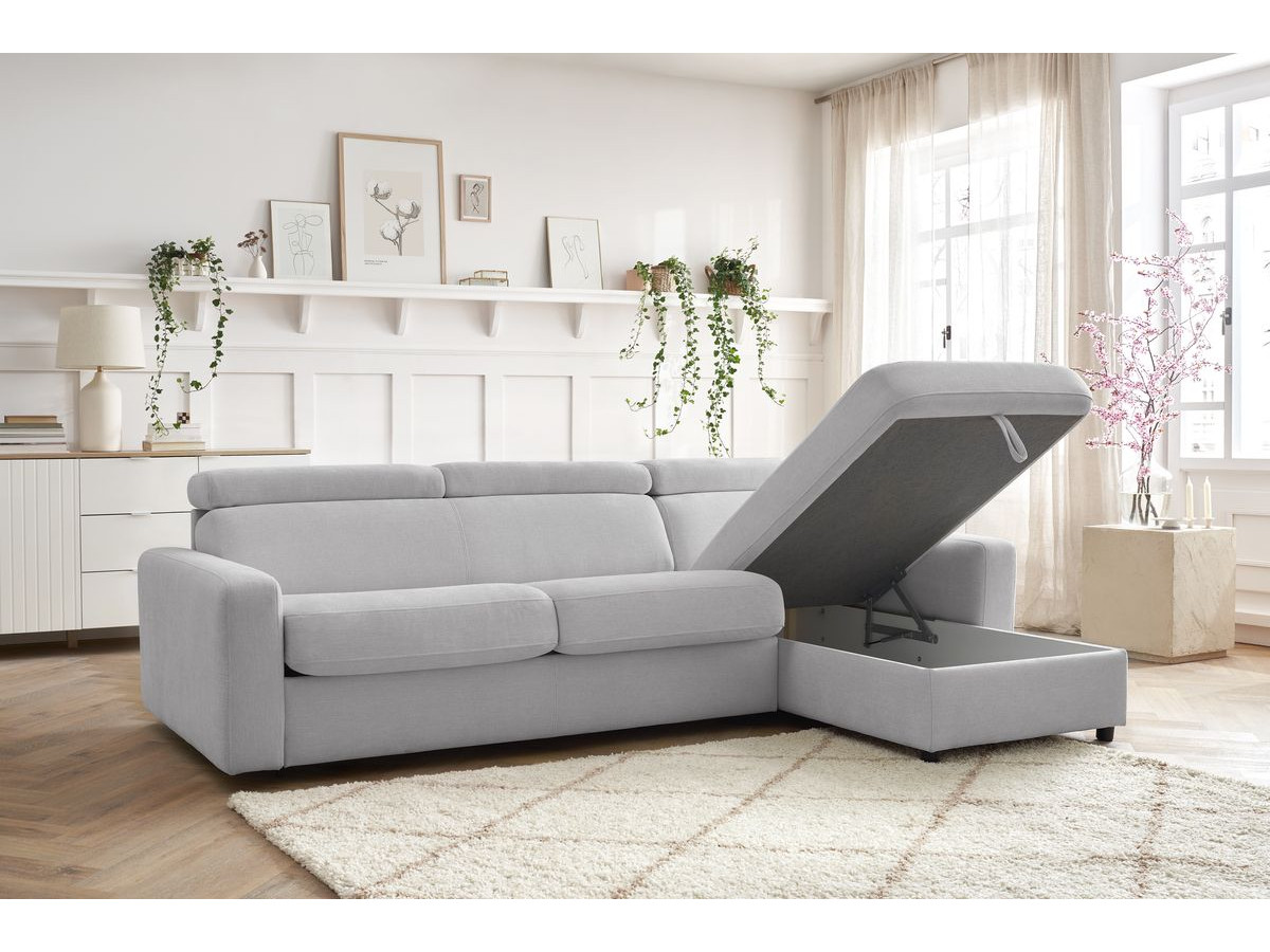 Bobochic Monaco Ecksofa mit Schlaffunktion und Bettkasten Stoff Hellgrau, Liegefläche 140 × 190 cm