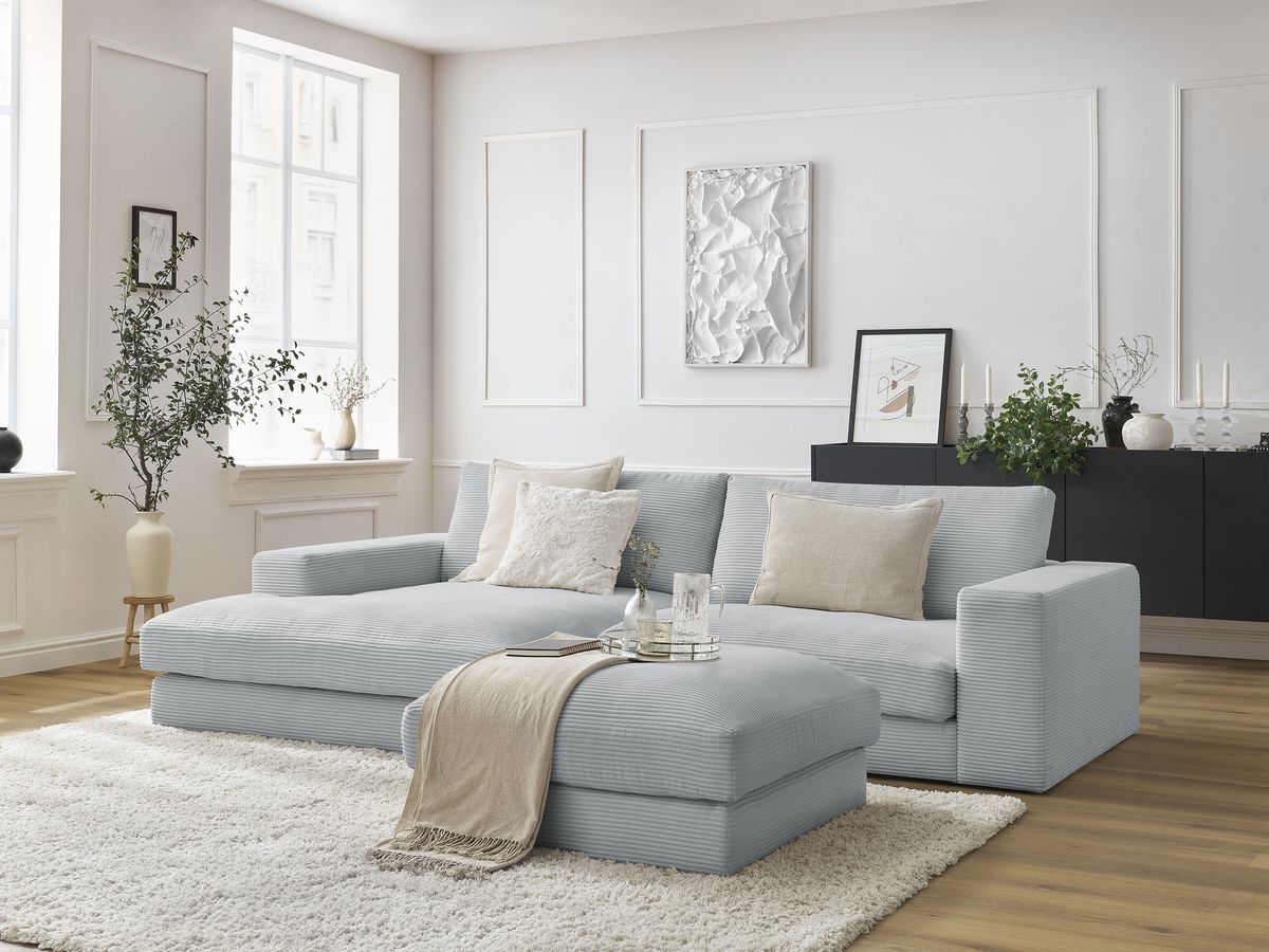 Bobochic Leonard Ecksofa mit Pouf 234 × 159 cm Cordsamt Hellgrau Ecke links