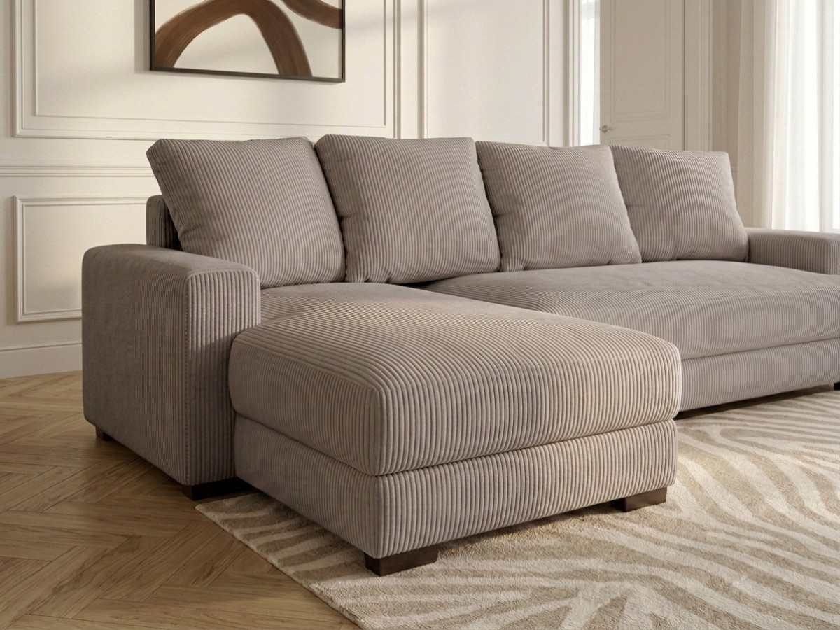 Bobochic Campi Ecksofa mit Schlaffunktion und Bettkasten Cordsamt Taupe Ecke links