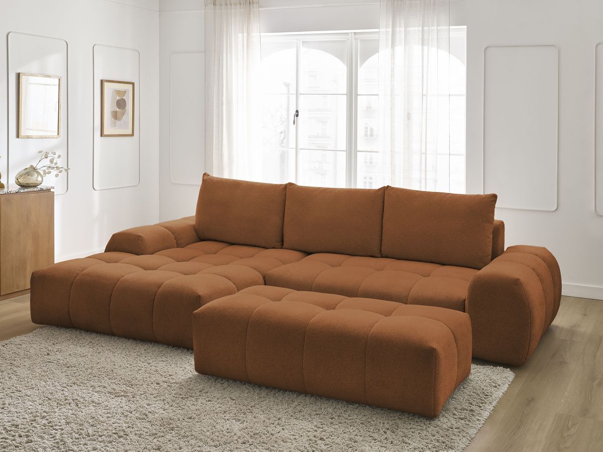 Bobochic Everest Ecksofa mit Schlaffunktion und Bettkasten und Pouf 318 × 180 cm, 3 Kissen Melange-Stoff Orange Ecke links