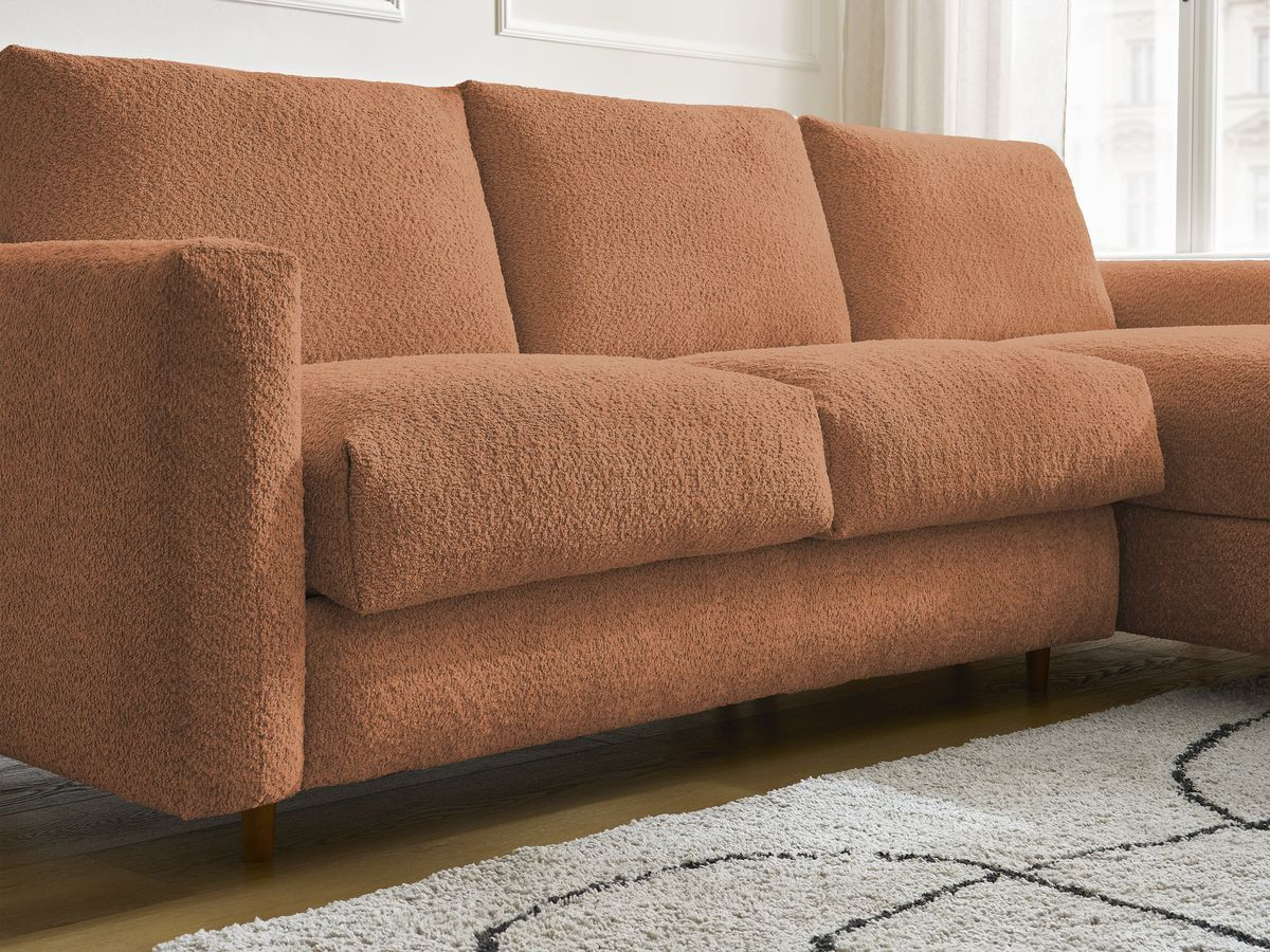 Bobochic Cocoone Ecksofa mit Schlaffunktion und Bettkasten Bouclé-Stoff Orange, Liegefläche 140 × 200 cm
