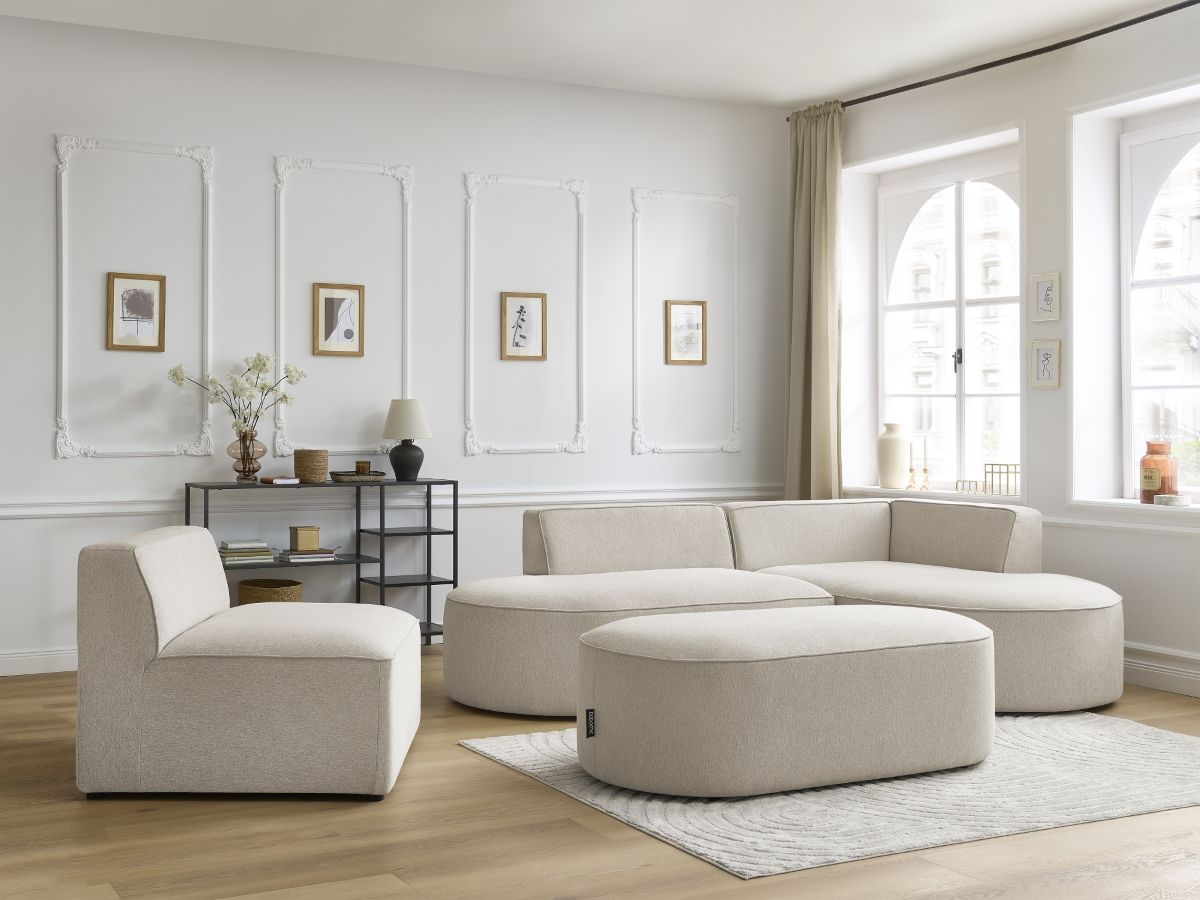 Bobochic Rousseau Ecksofa mit Sofamodul und Pouf Melange-Stoff Beige Ecke rechts