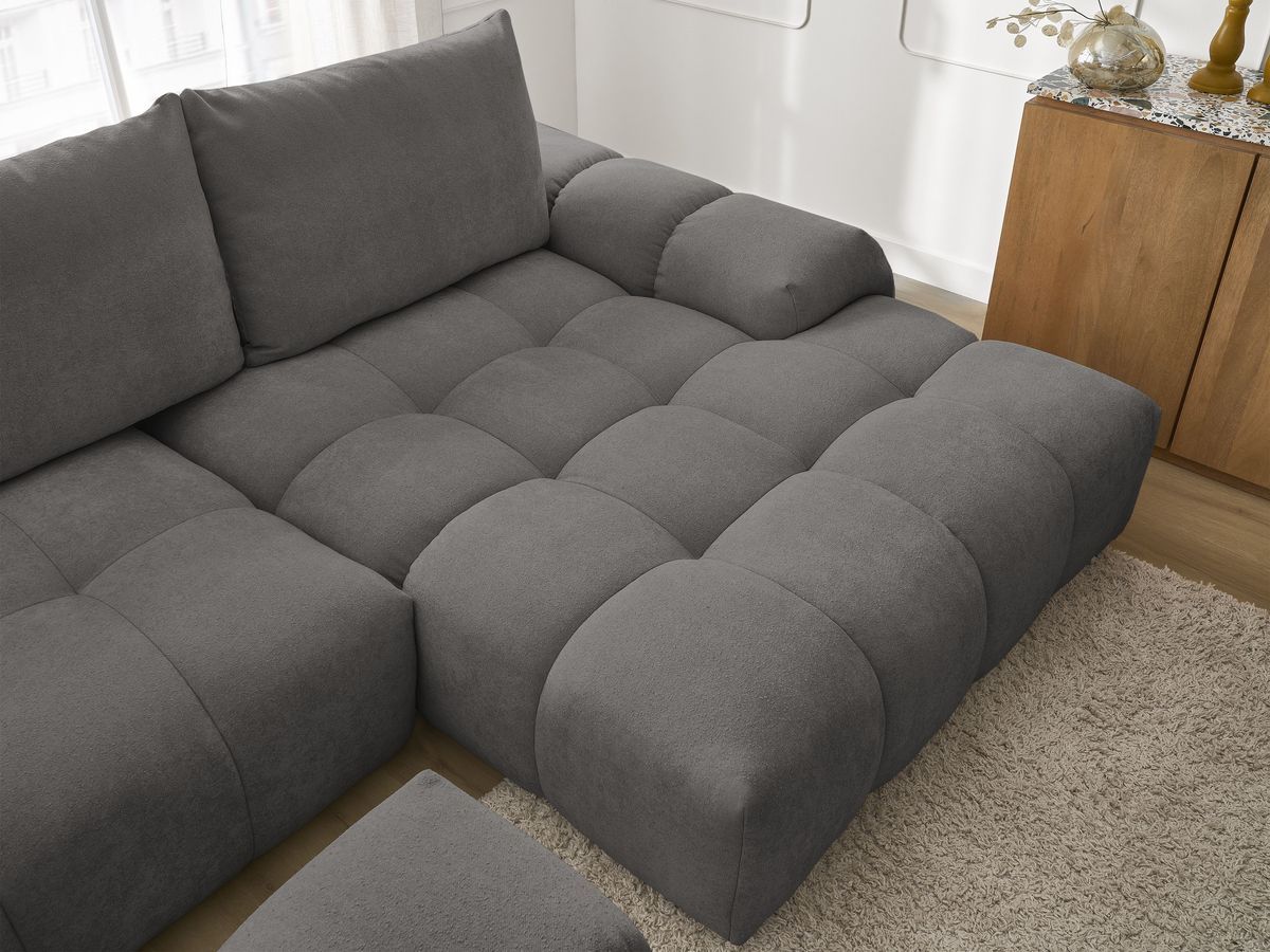 Bobochic Everest Ecksofa mit Schlaffunktion und Bettkasten und Pouf 318 × 180 cm, 3 Kissen Strukturstoff Dunkelgrau Ecke rechts