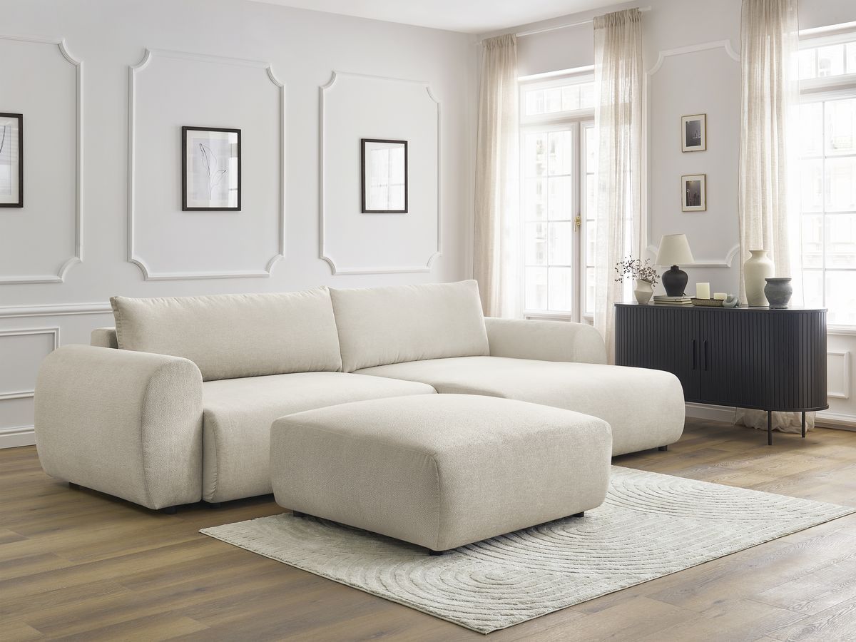 Bobochic Lucien Ecksofa mit Schlaffunktion und Bettkasten und Pouf 314 × 167 cm Stoff Beige Ecke rechts