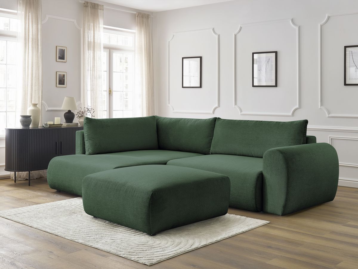Bobochic Lucien Ecksofa mit Schlaffunktion und Bettkasten und Pouf 296 × 198 cm Stoff Grün Ecke links