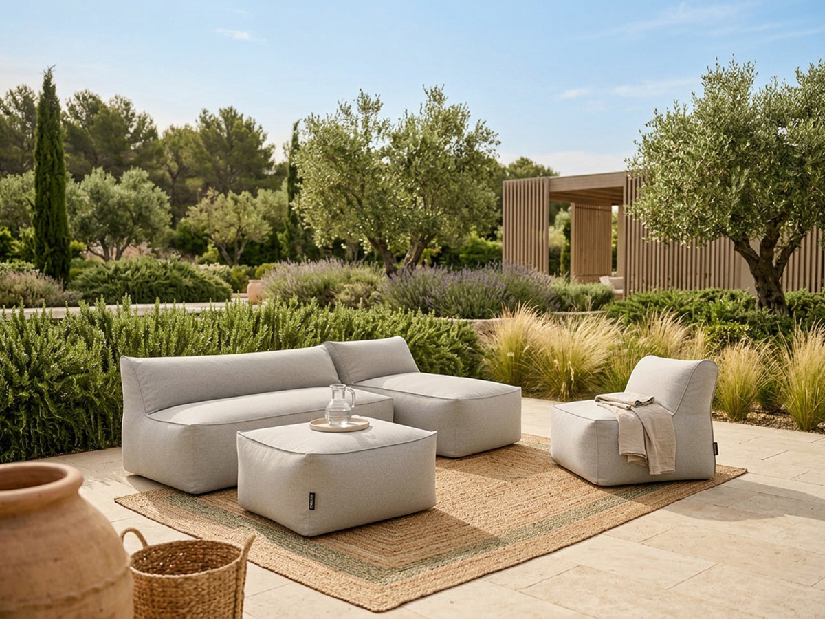Bobochic Riviera Gartensofa 5-Sitzer mit Pouf Stoff Hellgrau