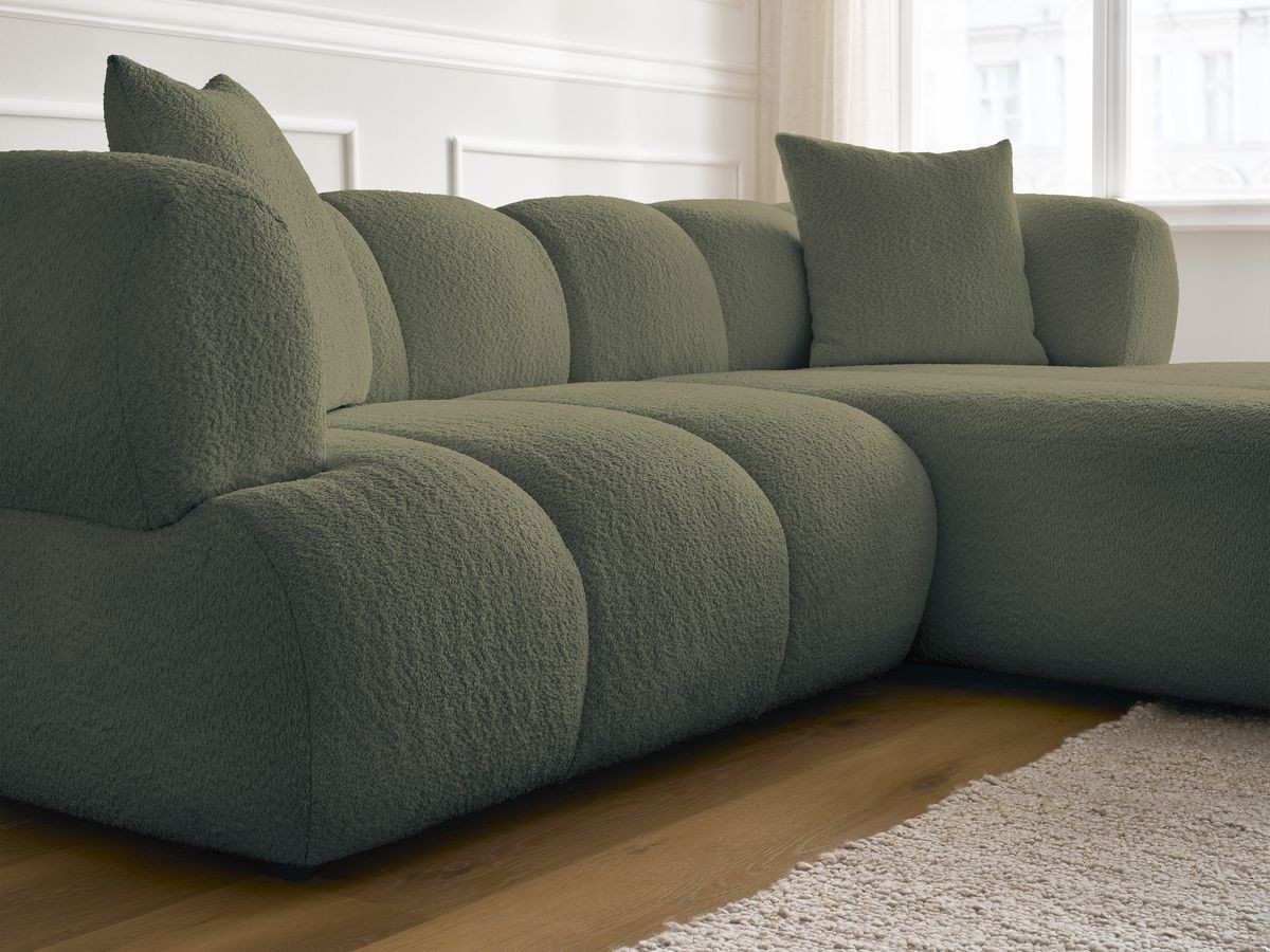 Bobochic Pamira Ecksofa mit Pouf Bouclé-Stoff Grün Ecke rechts