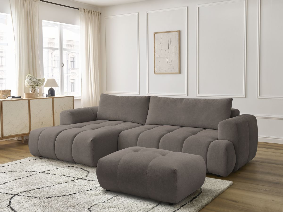Bobochic Fuji Ecksofa mit Schlaffunktion und Bettkasten und Pouf 292 × 160 cm Stoff Taupe Ecke links