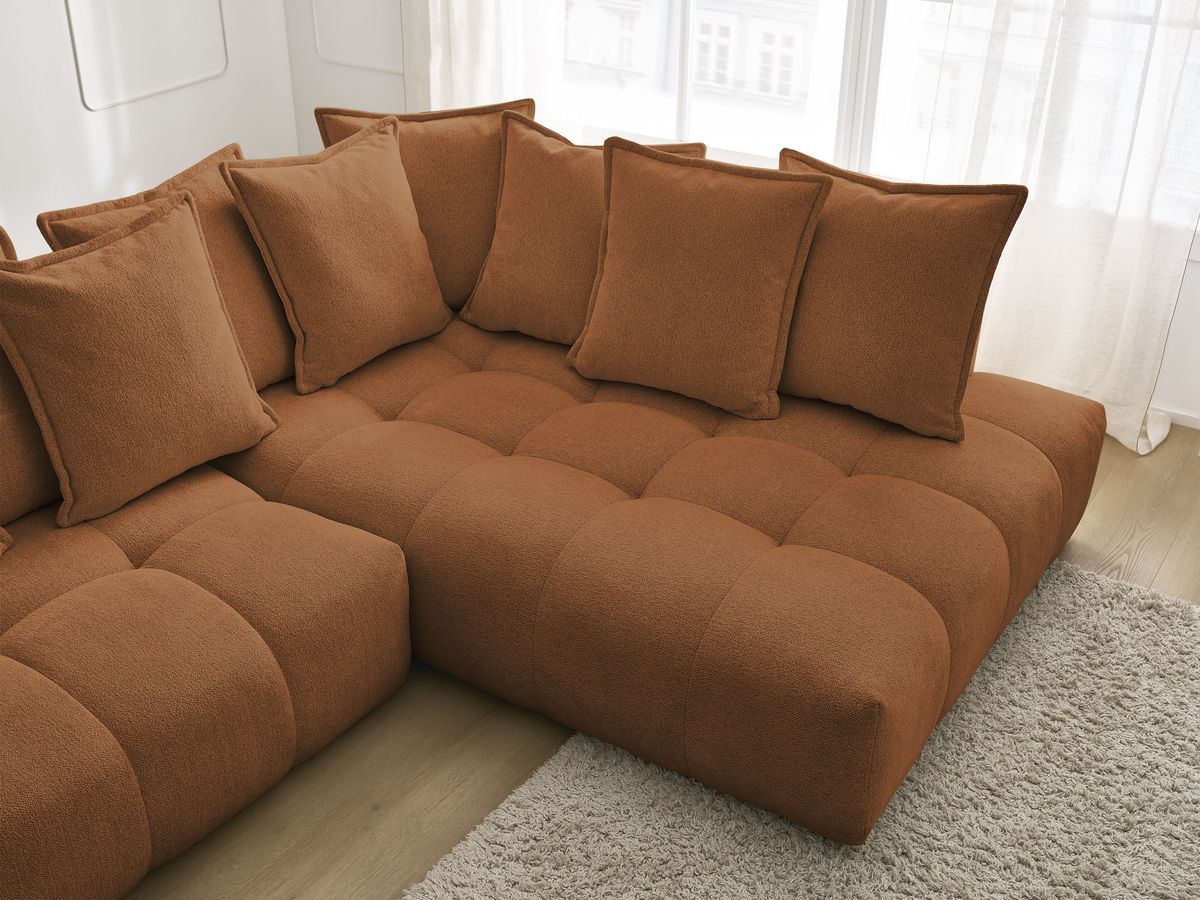 Bobochic Everest Ecksofa mit Schlaffunktion und Bettkasten 320 × 212 cm, 10 Kissen Melange-Stoff Orange Ecke rechts