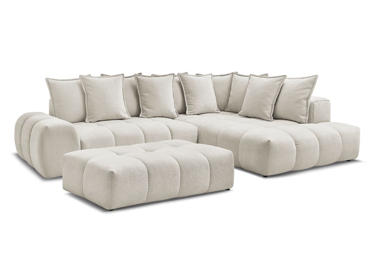 Bobochic Everest Ecksofa mit Schlaffunktion und Bettkasten und Pouf 320 × 212 cm, 10 Kissen
