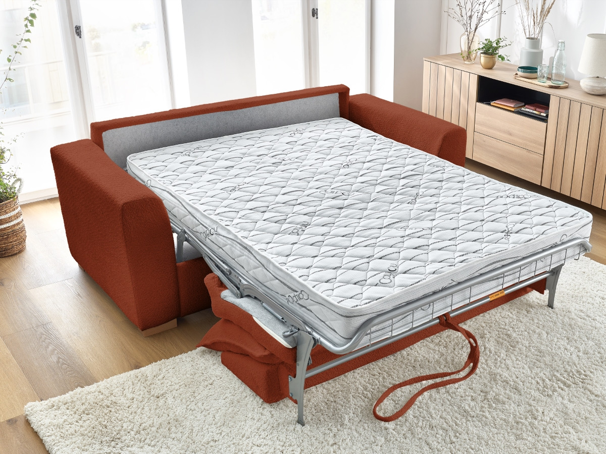 Bobochic Augustin Schlafsofa 3-Sitzer Bouclé-Stoff Orange, Liegefläche 160 × 200 cm