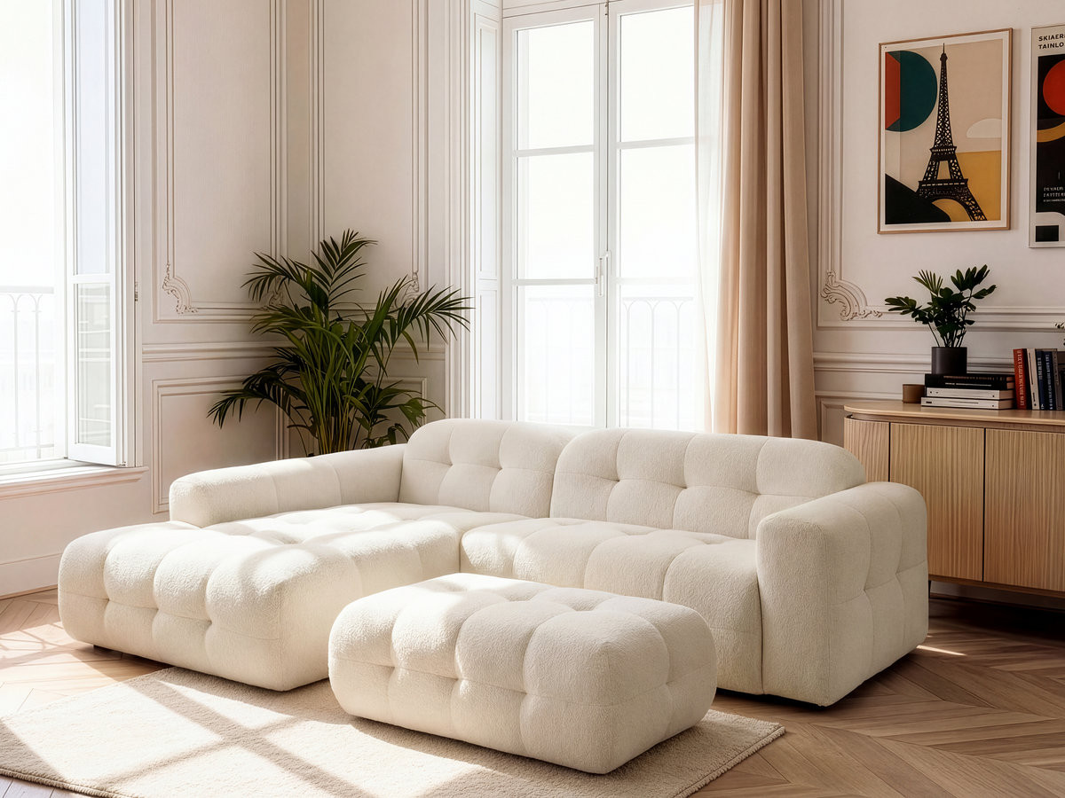 Bobochic Laura Ecksofa mit großem Pouf Melange-Stoff Beige Ecke links