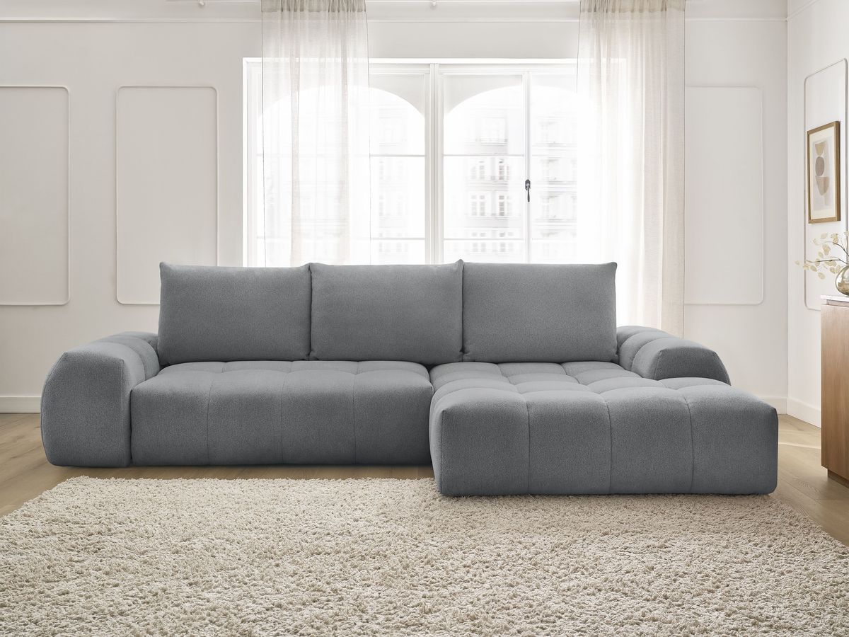 Bobochic Everest Ecksofa mit Schlaffunktion und Bettkasten 318 × 180 cm, 3 Kissen Melange-Stoff Dunkelgrau Ecke rechts