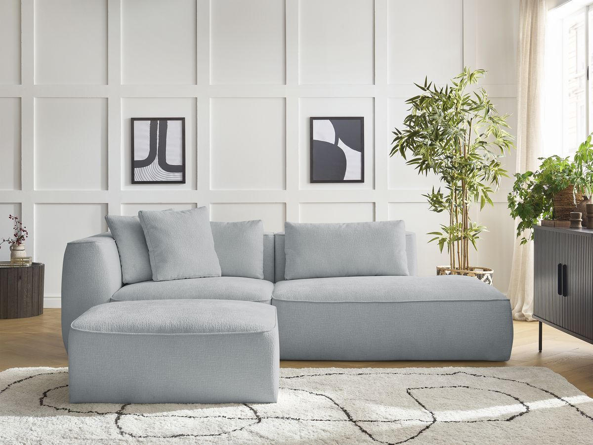 Bobochic Leopold Sofa 4-Sitzer mit Pouf Strukturstoff Hellgrau Armlehne links