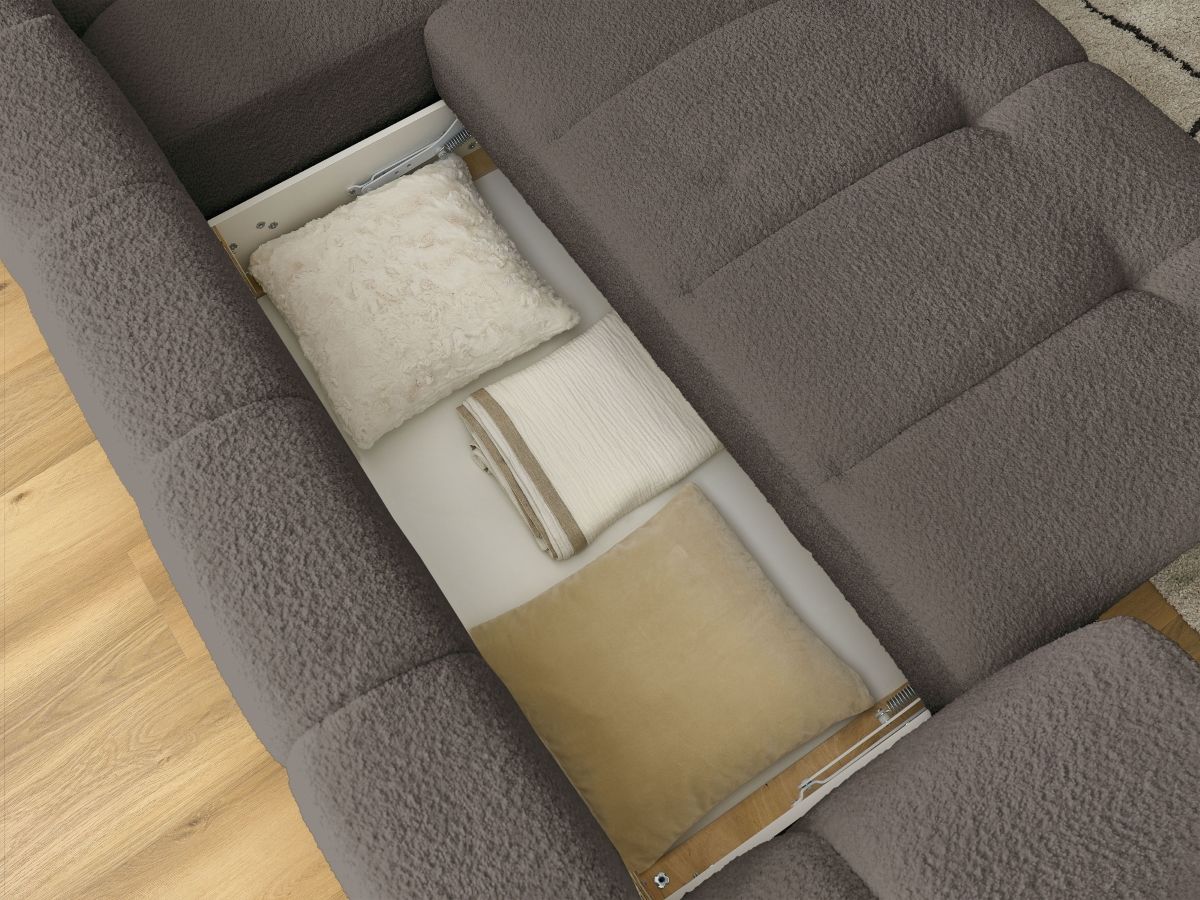 Bobochic Fuji Ecksofa mit Schlaffunktion und Bettkasten und Pouf 282 × 204 cm Bouclé-Stoff Braun Ecke rechts