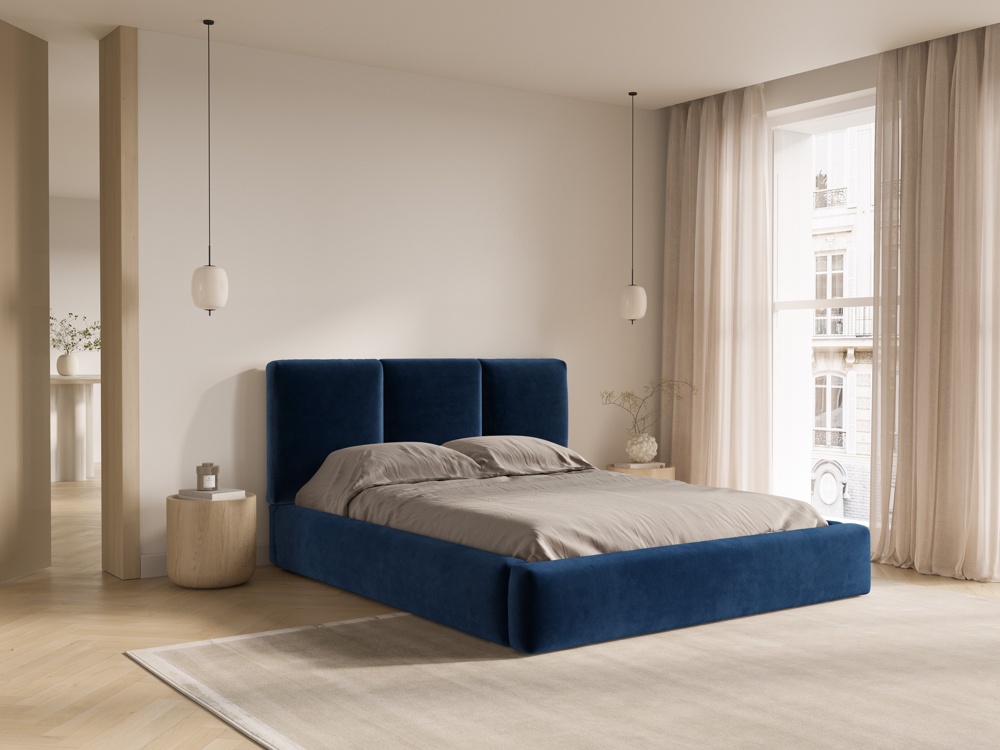 Cosmopolitan Design Stauraumbett mit Kopfteil Nicolas 140x200 Samt Riviera Dunkelblau