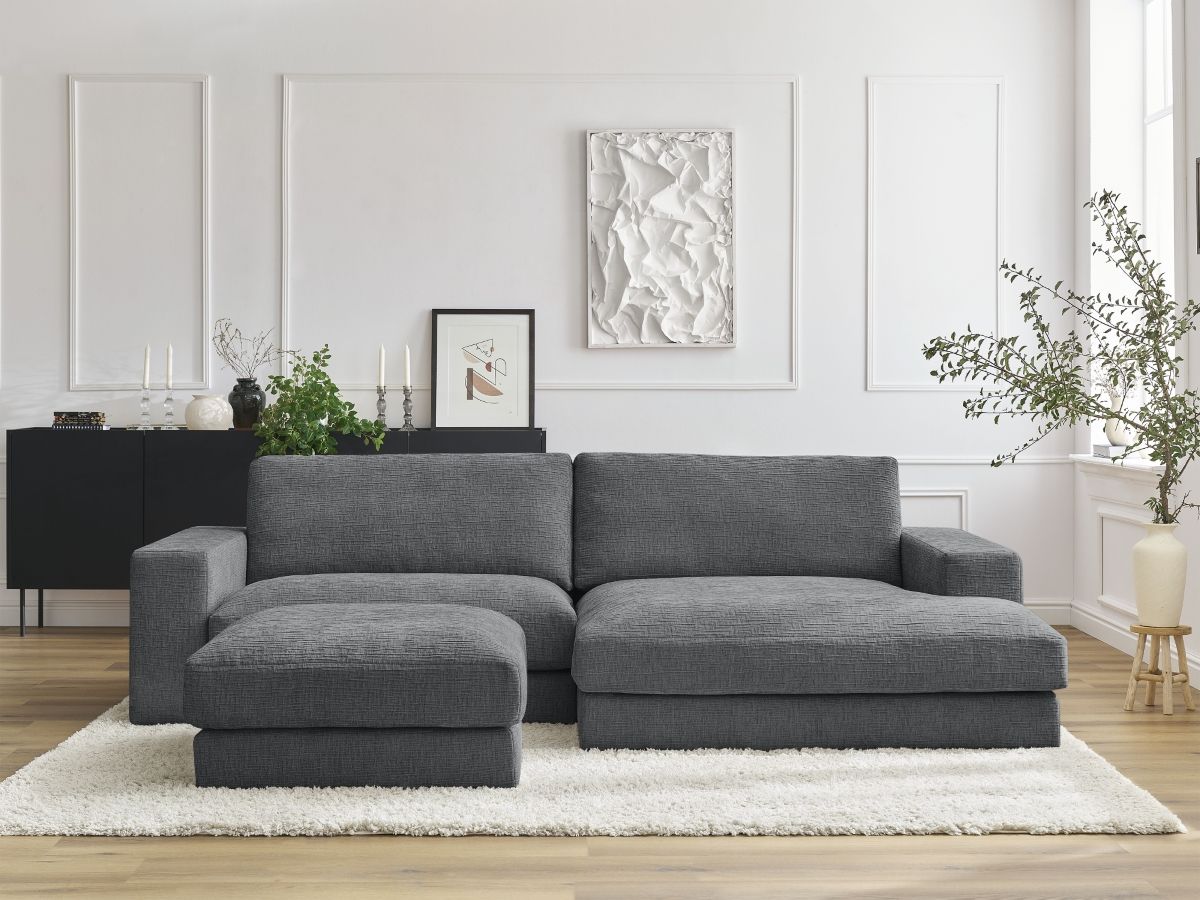Bobochic Leonard Ecksofa mit Pouf 274 × 159 cm Strukturstoff Dunkelgrau Ecke rechts
