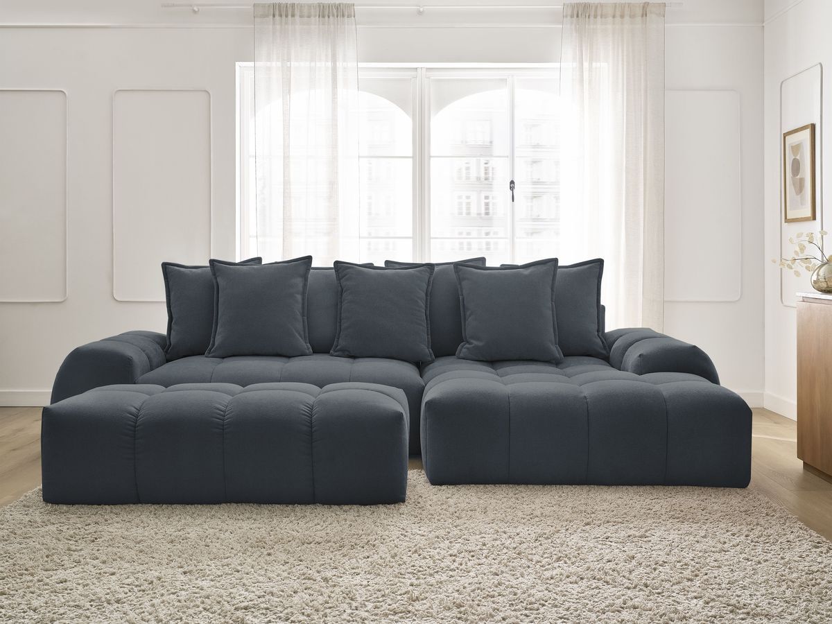 Bobochic Everest Ecksofa mit Schlaffunktion und Bettkasten und Pouf 318 × 180 cm, 7 Kissen Strukturstoff Blau Ecke rechts