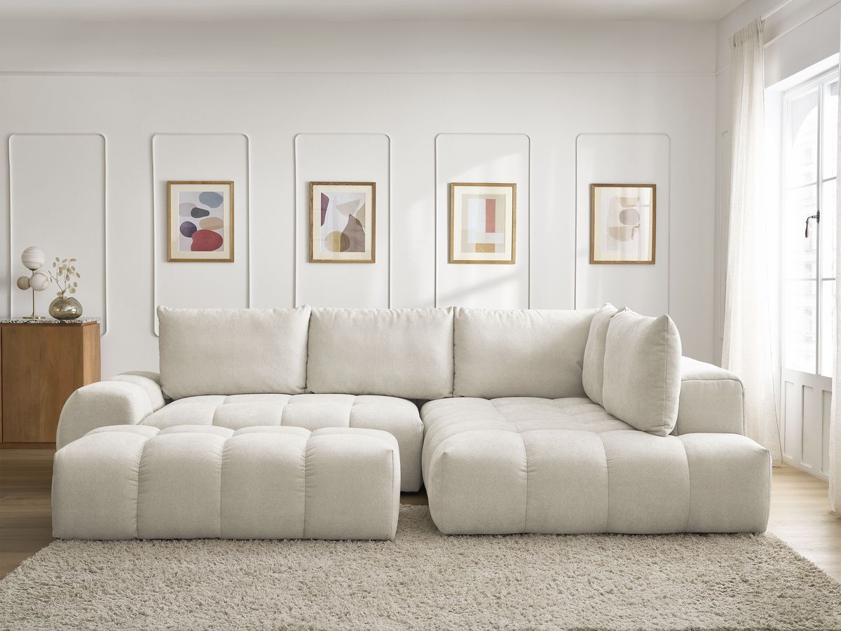 Bobochic Everest Ecksofa mit Schlaffunktion und Bettkasten und Pouf 320 × 212 cm, 5 Kissen Strukturstoff Beige Ecke rechts
