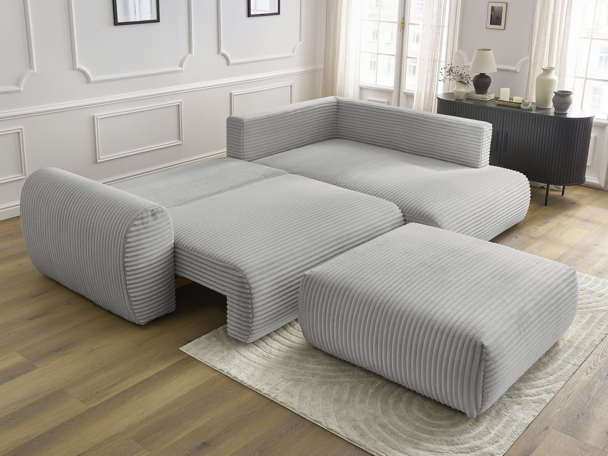Bobochic Lucien Ecksofa mit Schlaffunktion und Bettkasten und Pouf 296 × 198 cm Breitcord weich Hellgrau Ecke rechts
