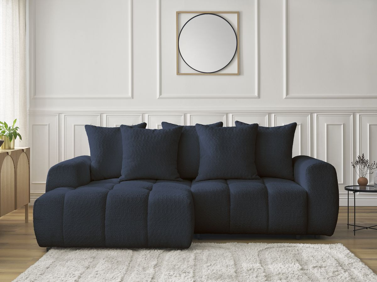 Bobochic Roxelane Ecksofa mit Schlaffunktion und Bettkasten 258 × 150 cm Bouclé-Stoff Dunkelblau Ecke links