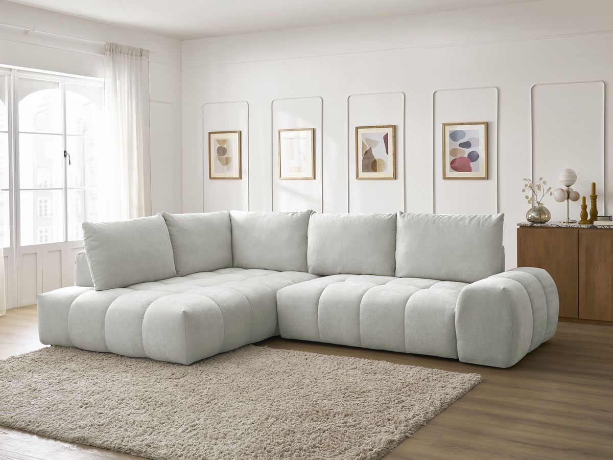 Bobochic Everest Ecksofa mit Schlaffunktion und Bettkasten 320 × 212 cm, 5 Kissen Strukturstoff Hellgrau Ecke links