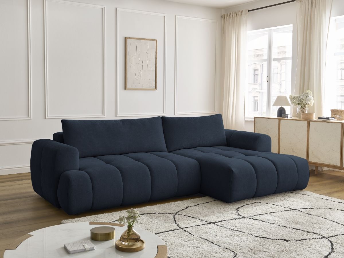 Bobochic Fuji Ecksofa mit Schlaffunktion und Bettkasten 292 × 160 cm Stoff Dunkelblau Ecke rechts