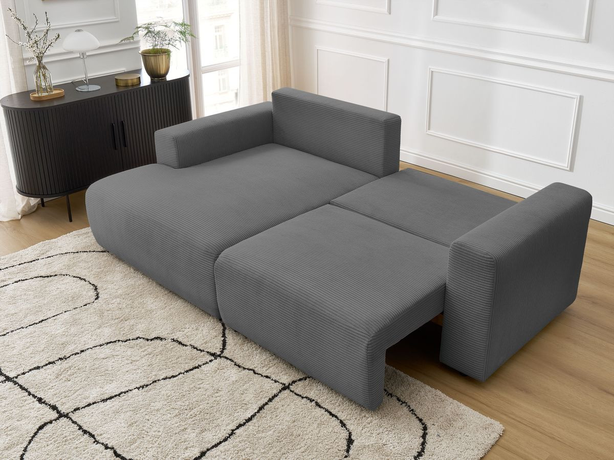 Bobochic Atilla Ecksofa mit Schlaffunktion und Bettkasten Cordsamt Dunkelgrau Ecke links