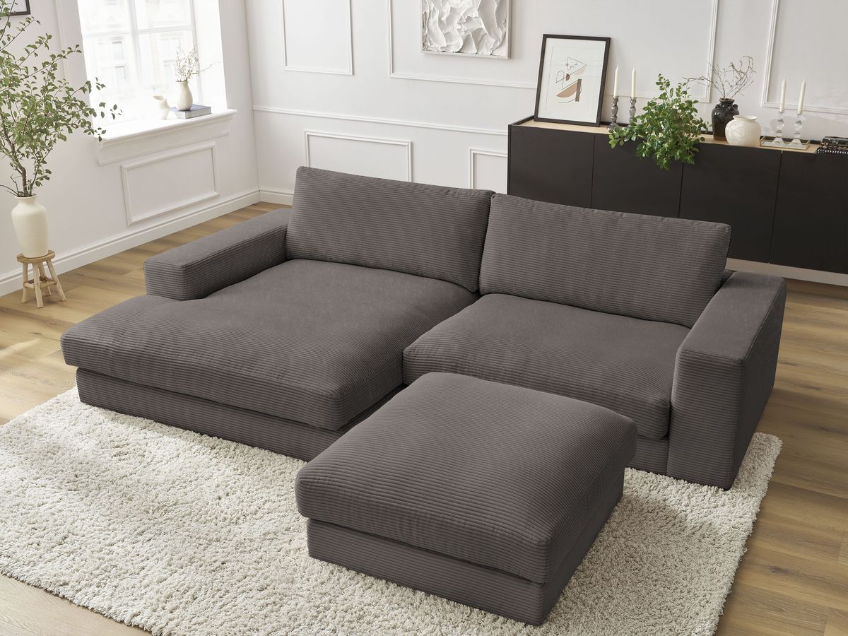 Bobochic Leonard Ecksofa mit Pouf 234 × 159 cm Cordsamt Braun Ecke links