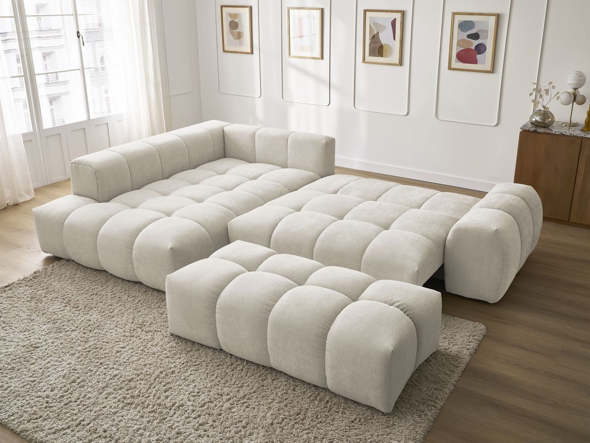 Bobochic Everest Ecksofa mit Schlaffunktion und Bettkasten und Pouf 320 × 212 cm, 5 Kissen Strukturstoff Beige Ecke links